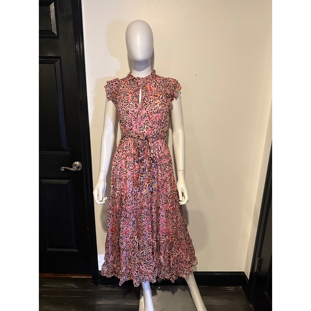 Boden Pink Leopard Metallic Tiered Maxi Dress Ruffle Flutter Sleeve‎